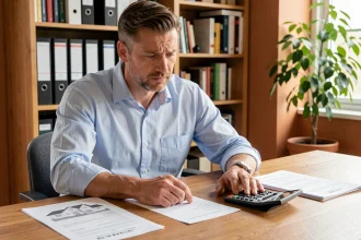 Homme en chemise bleue étudiant des documents immobiliers et un budget d'achat à son bureau à domicile