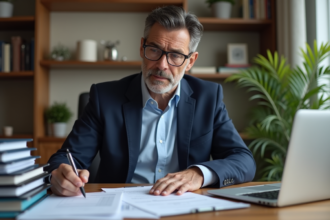 Homme d'âge moyen en costume concentré sur ses formulaires fiscaux