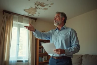 Homme inquiet montrant un plafond endommagé par l'eau