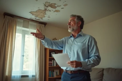 Homme inquiet montrant un plafond endommagé par l'eau
