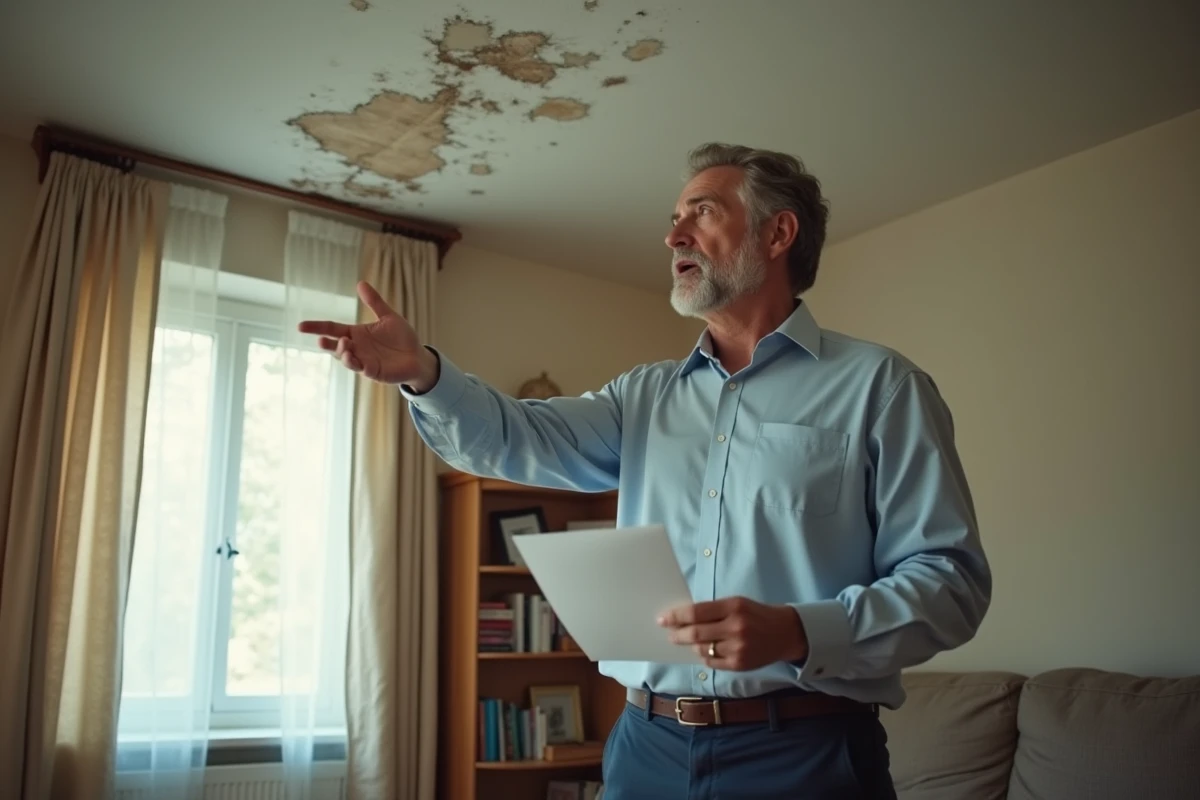 Homme inquiet montrant un plafond endommagé par l'eau