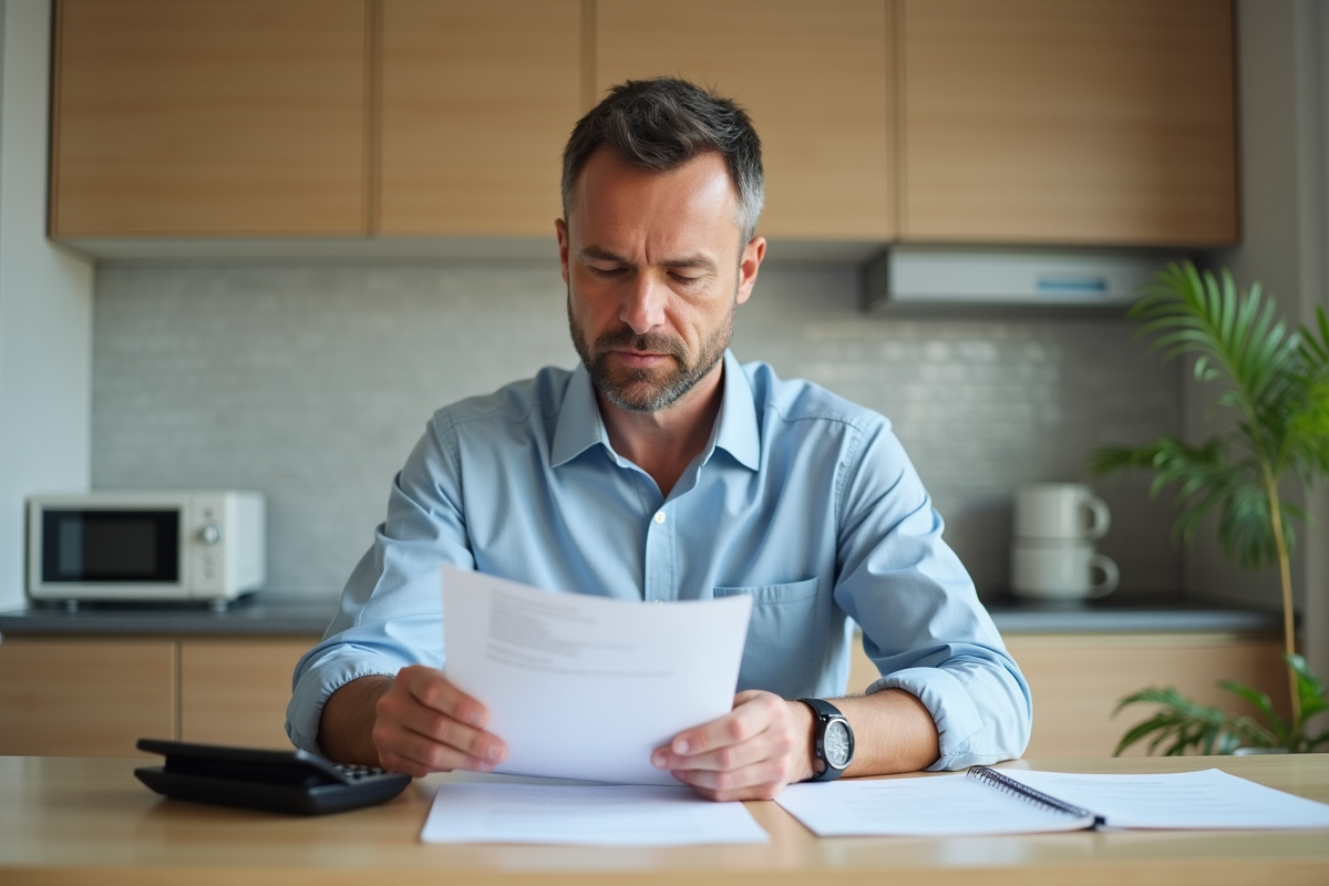 Homme d'âge moyen examine des papiers de prêt immobilier