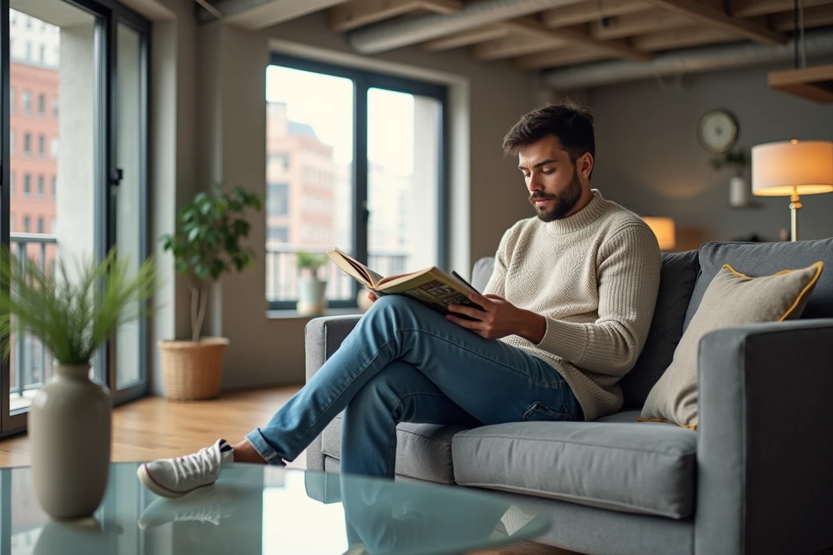 Jeune homme détendu lisant un catalogue dans un appartement lumineux