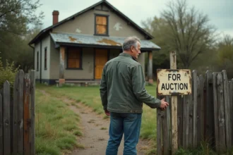 Homme regardant une maison abandonnée en vente