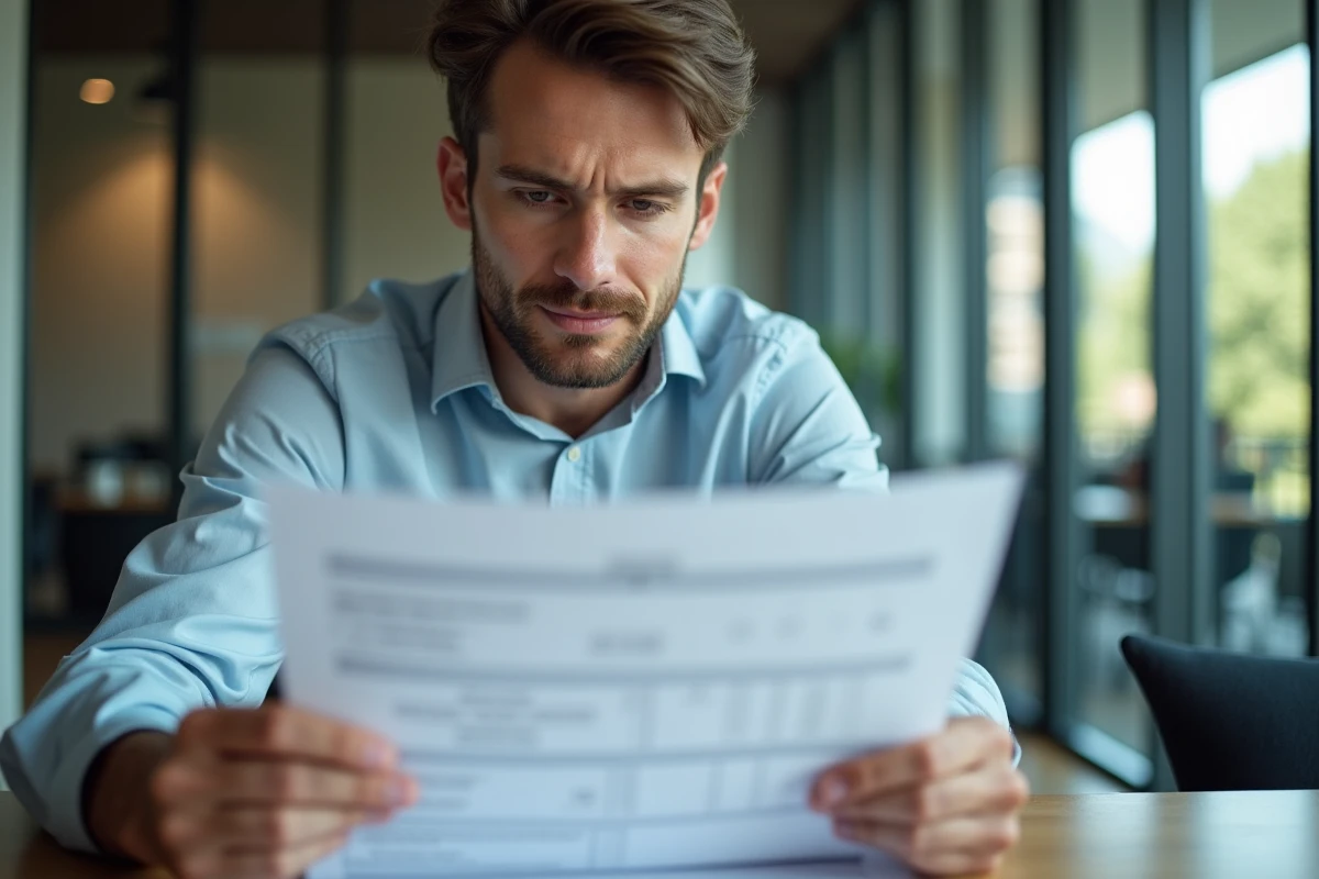Homme en costume examine un document de frais d