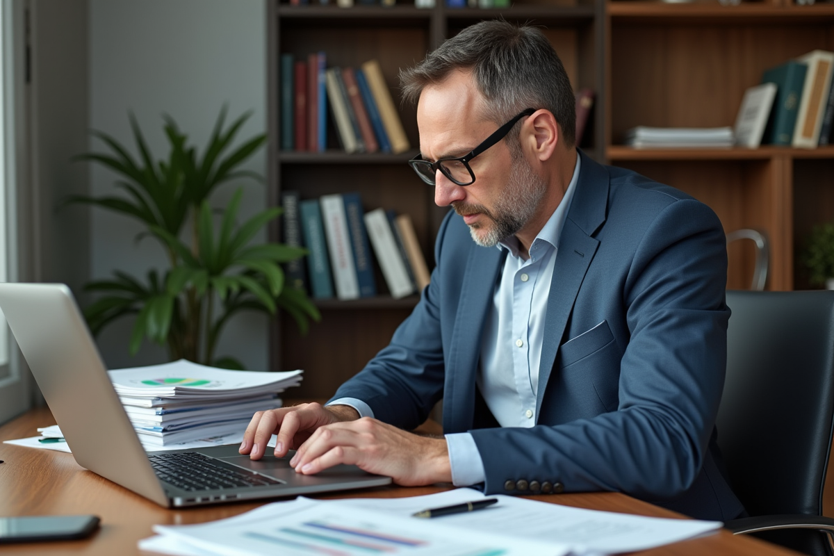 Homme d affaires consultant un site immobilier sur son ordinateur portable