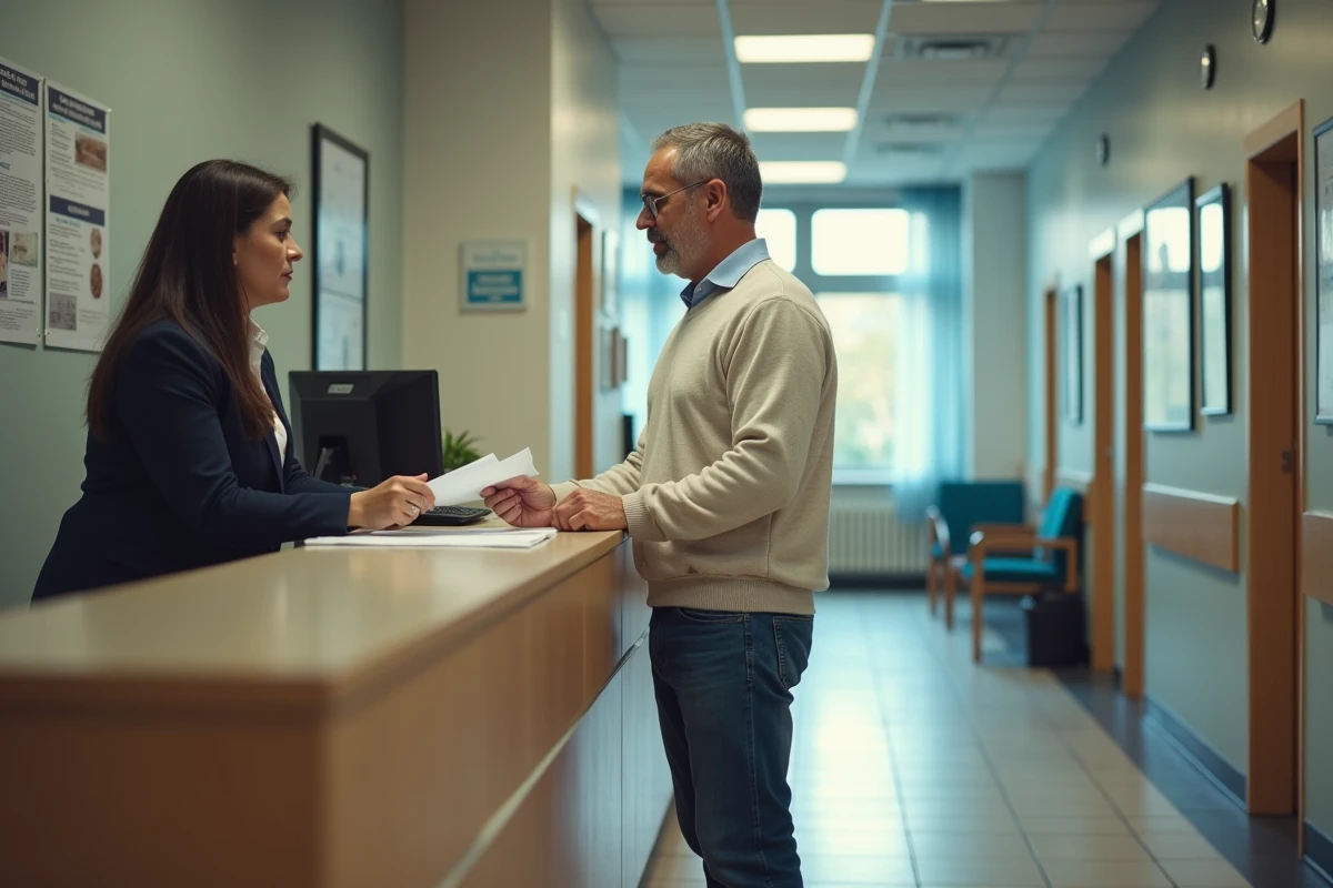 Homme patient remettant des documents à la reception
