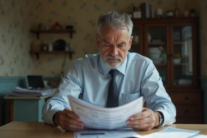 Homme d'âge moyen examinant des factures dans son appartement