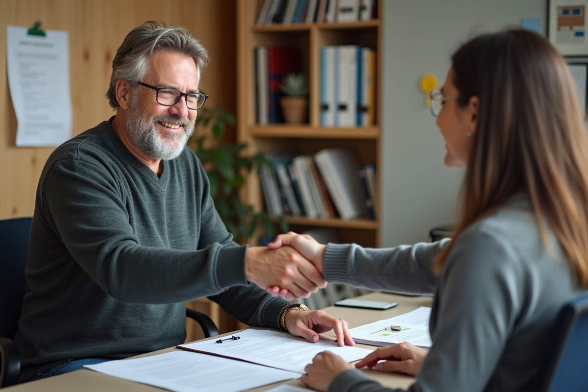 Homme et conseillère immobilière se serrant la main