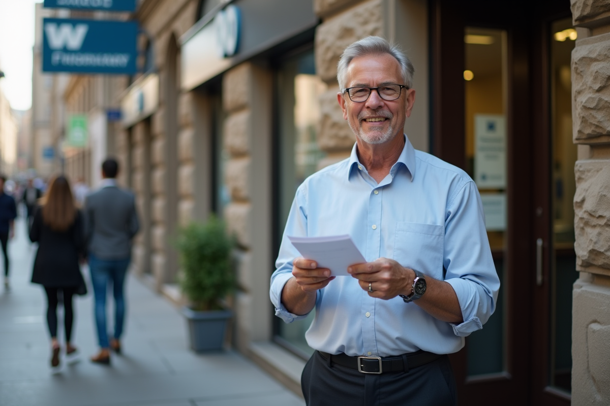 Homme souriant avec un reçu de paiement devant une banque