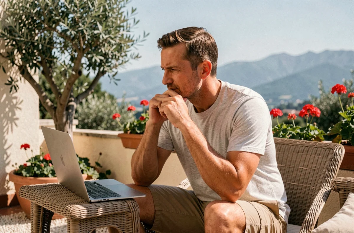Homme en télétravail sur une terrasse ombragée avec vue sur le jardin et les contreforts des Pyrénées, location maison 66