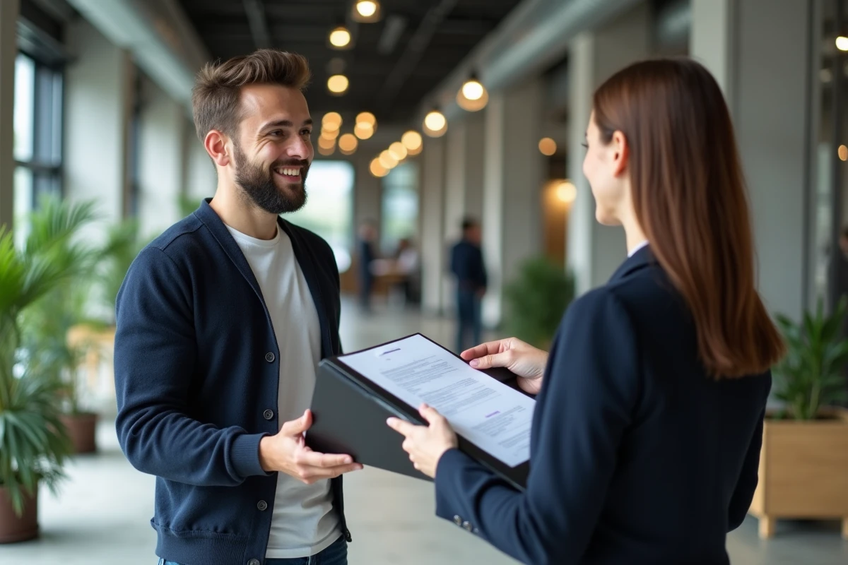 Homme remettant un dossier à un agent immobilier dans un bureau