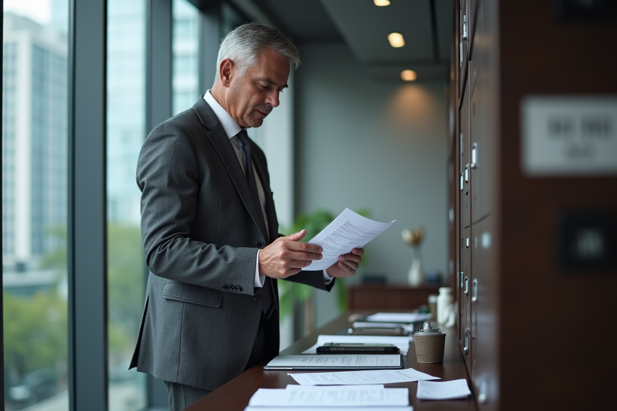 Homme en costume vérifiant des reçus dans un bureau moderne