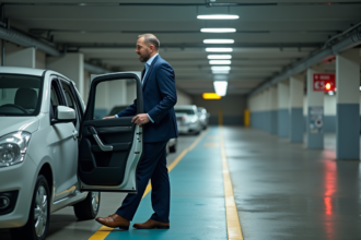 Homme d'affaires dans un parking souterrain moderne