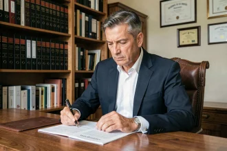 Huissier de justice examinant des documents officiels de consignation de loyer dans son bureau