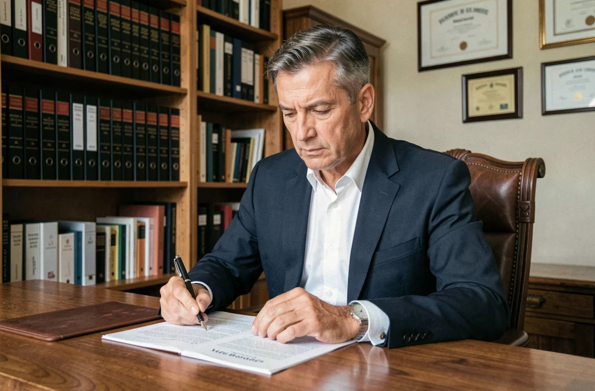 Huissier de justice examinant des documents officiels de consignation de loyer dans son bureau