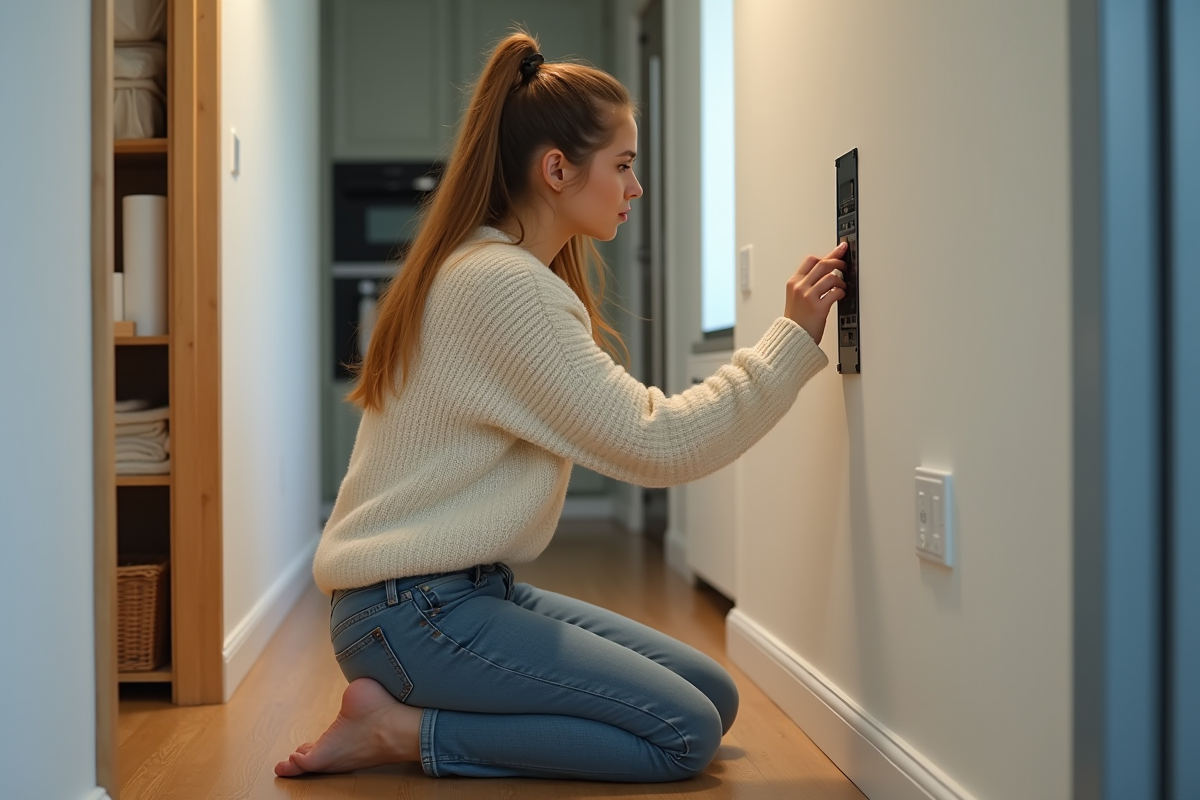 Jeune femme inspectant un disjoncteur dans un couloir moderne