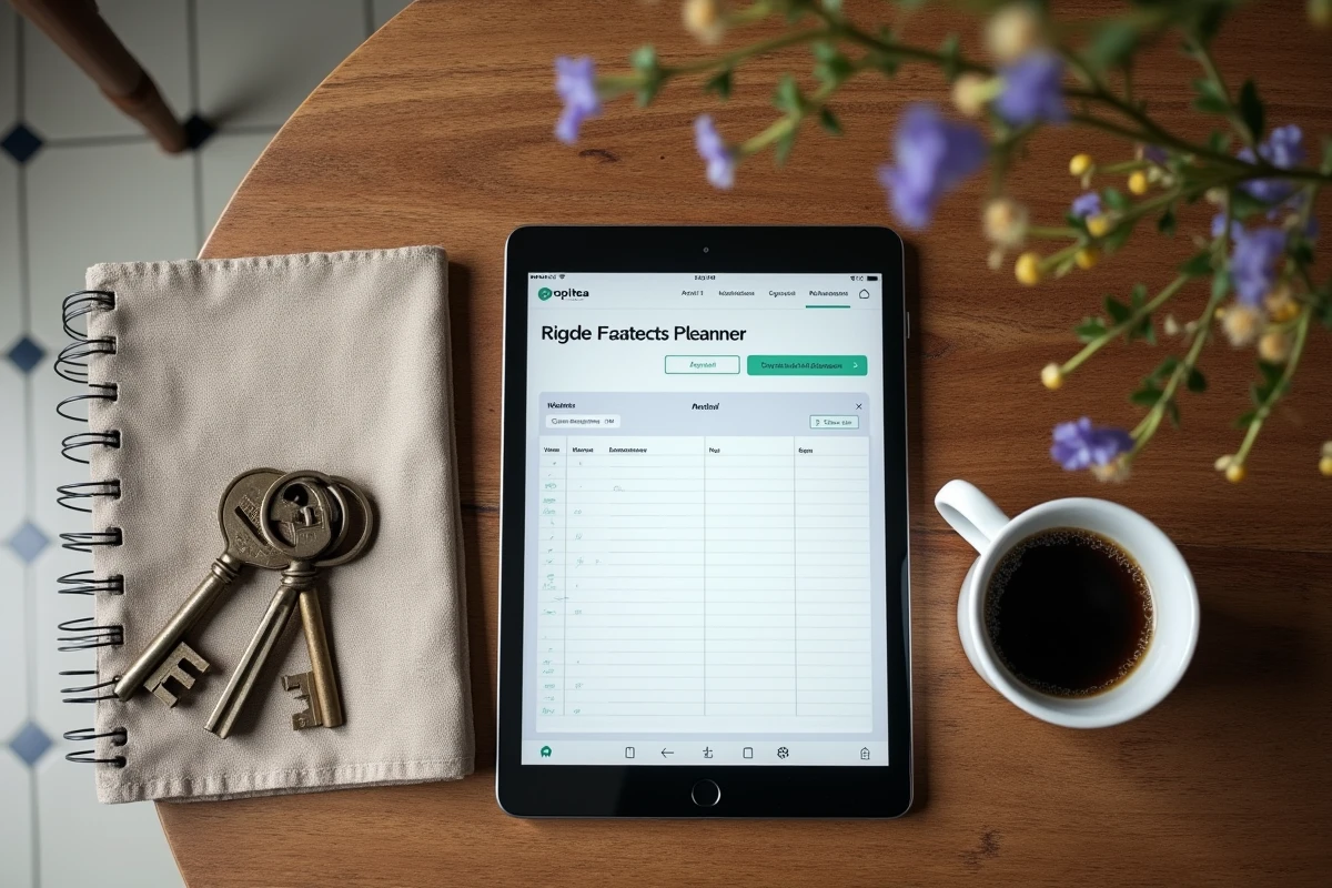Vue aérienne d'une table de gîte rural avec tablette affichant un logiciel de gestion de location saisonnière