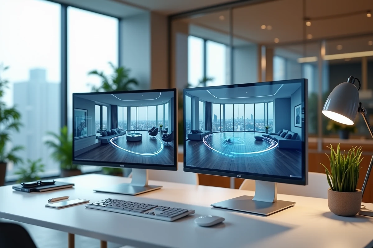 Interface de visite virtuelle 360 degrés d'un appartement de luxe affichée sur double écran dans une agence immobilière haut de gamme