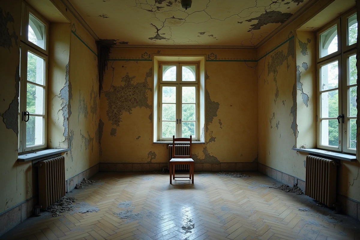 Intérieur délabré d'une maison abandonnée en France avec papier peint décollé et parquet abîmé