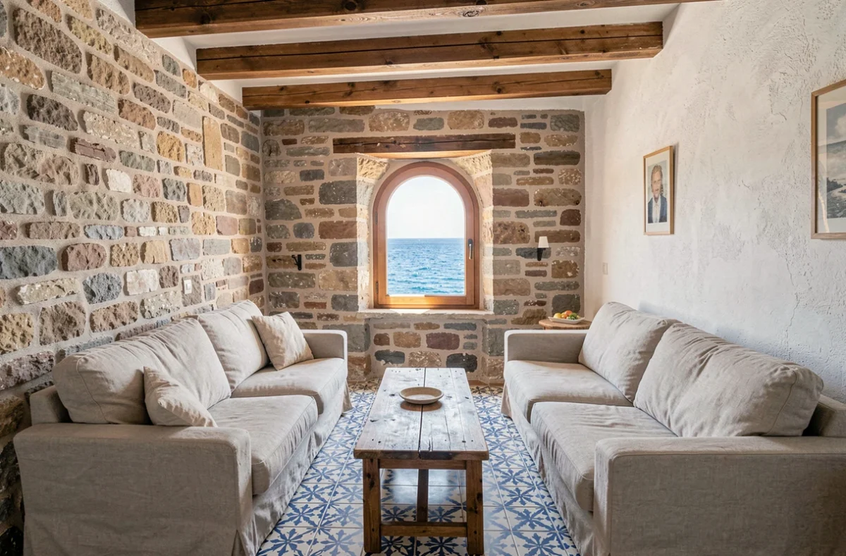 Intérieur d'une maison de pêcheur méditerranéenne avec murs en pierre, poutres apparentes et vue mer par une fenêtre en arche