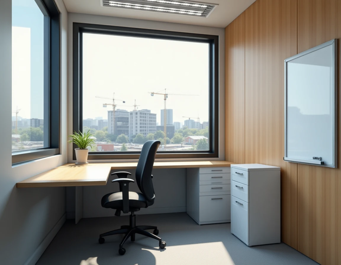 Intérieur aménagé d'un module de chantier préfabriqué avec bureau et équipements professionnels