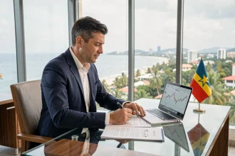 Homme d'affaires en costume marine examinant des documents juridiques dans un bureau moderne à l'Île Maurice avec vue sur le littoral