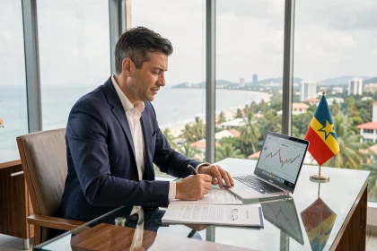 Homme d'affaires en costume marine examinant des documents juridiques dans un bureau moderne à l'Île Maurice avec vue sur le littoral