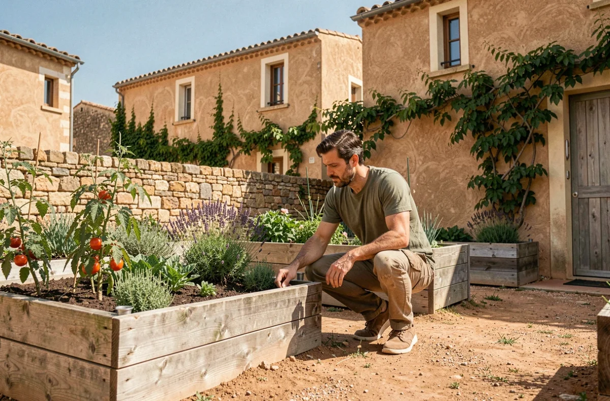 Jardinier entretenant un potager communautaire dans un secteur résidentiel verdoyant d'Avignon