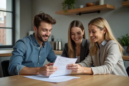 Jeune couple souriant avec contrat de location et argent
