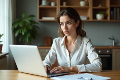 Jeune femme en cuisine avec contrat et ordinateur pour louer