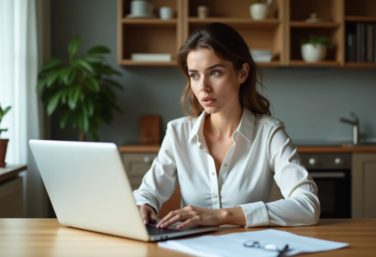 Jeune femme en cuisine avec contrat et ordinateur pour louer