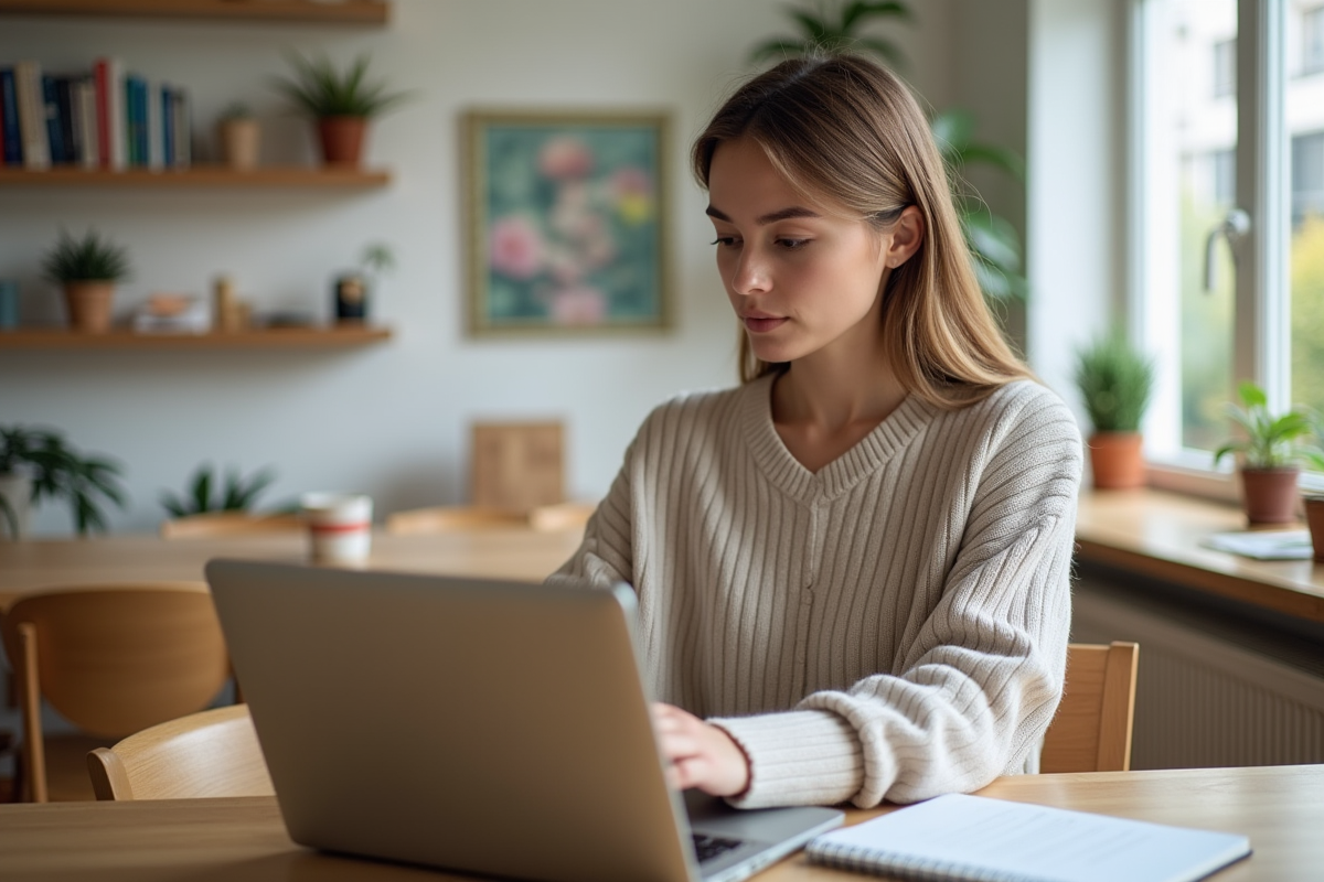 Jeune femme professionnelle examine des annonces de location