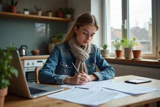 Jeune femme en denim et écharpe concentrée sur ses papiers