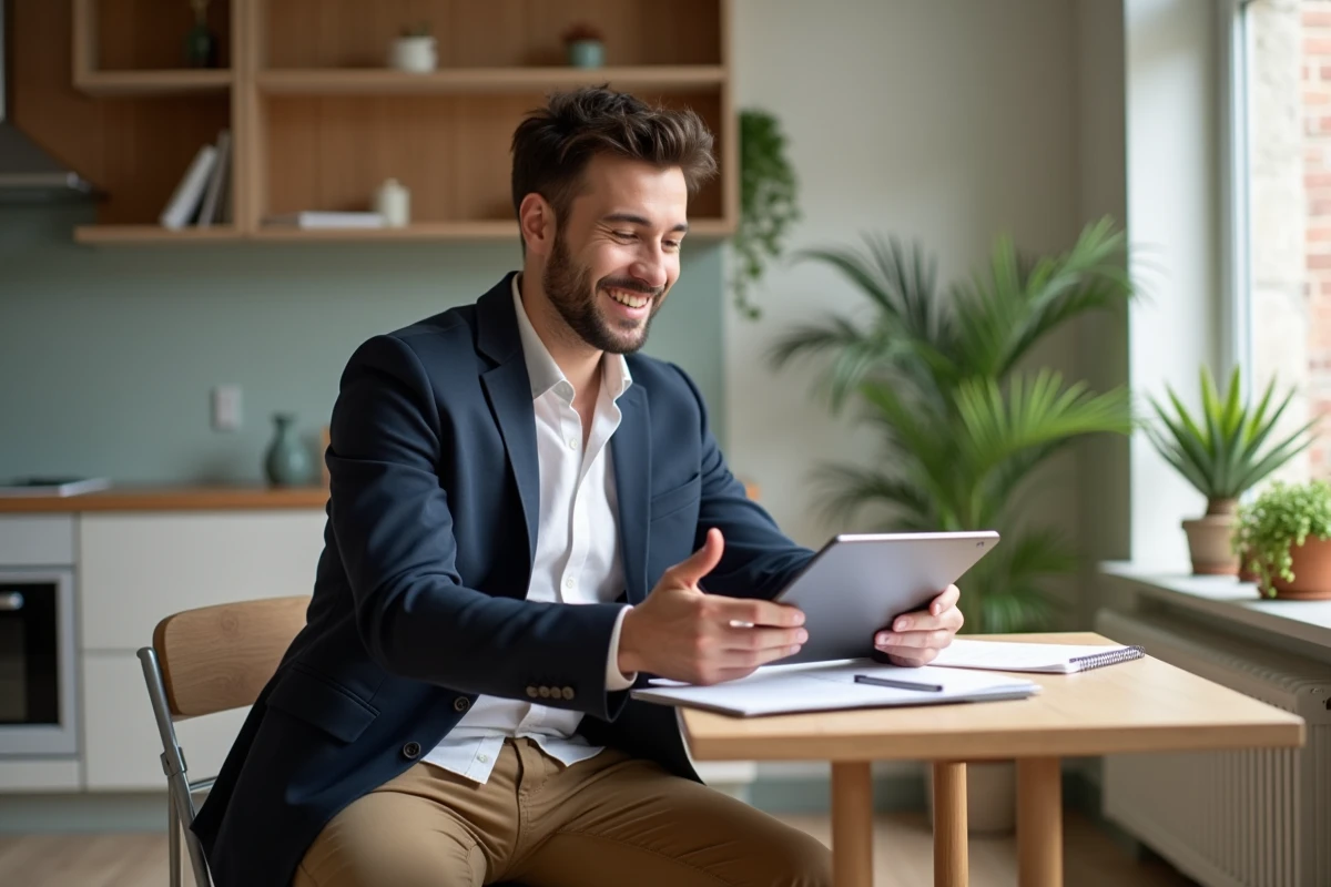 Jeune homme souriant vérifiant documents de location