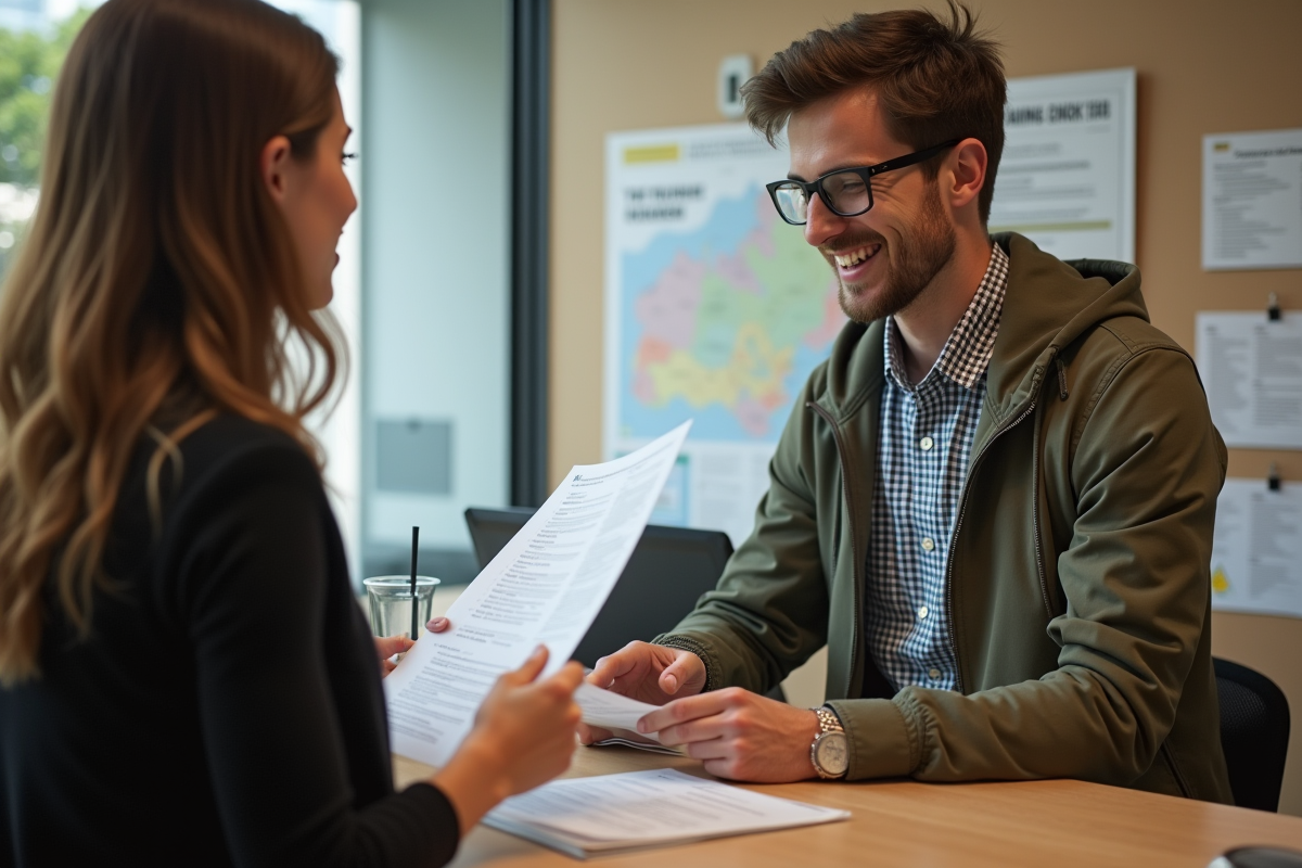 Jeune homme examinant des documents de logement avec conseiller