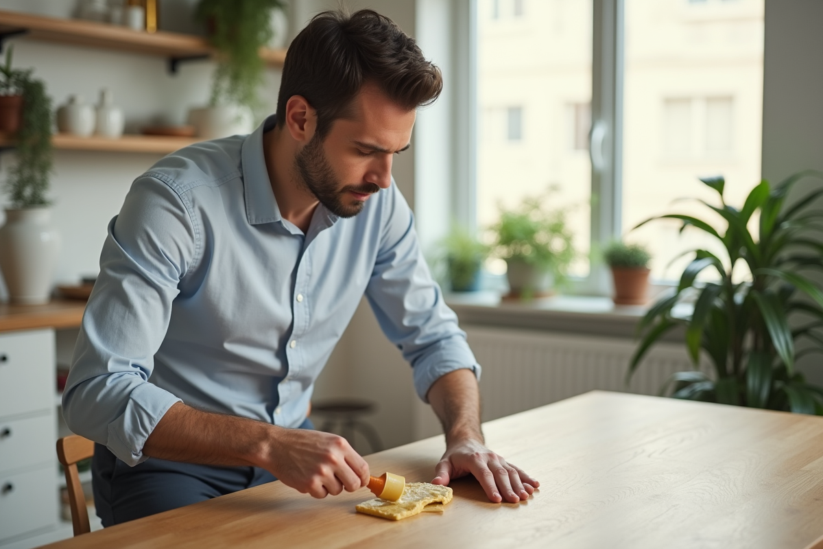 Jeune homme appliquant de la cire sur une table en bois moderne