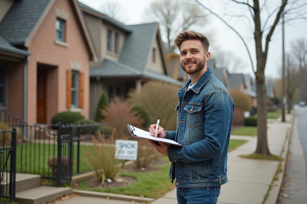 Jeune homme dehors devant des maisons en vente