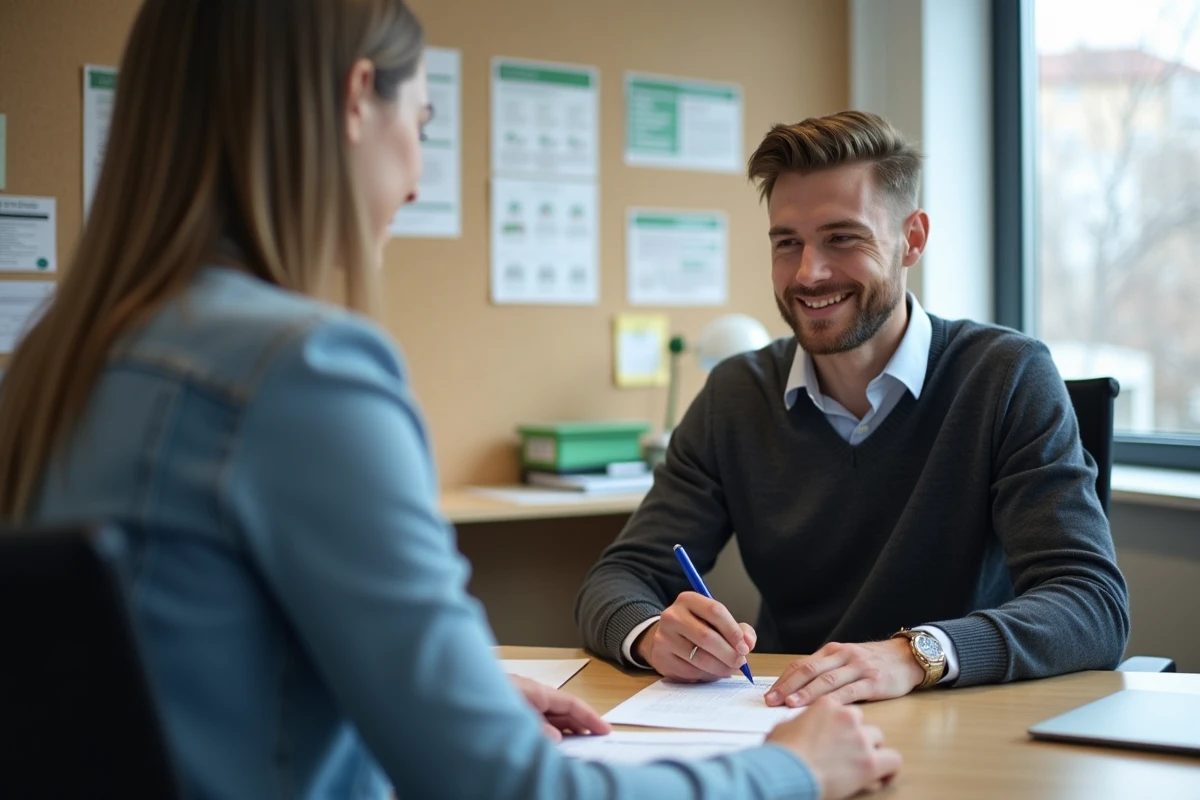 Jeune homme signe un plan de paiement avec un conseiller