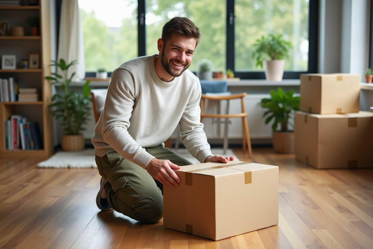 Jeune homme scellant une grande boîte de déménagement