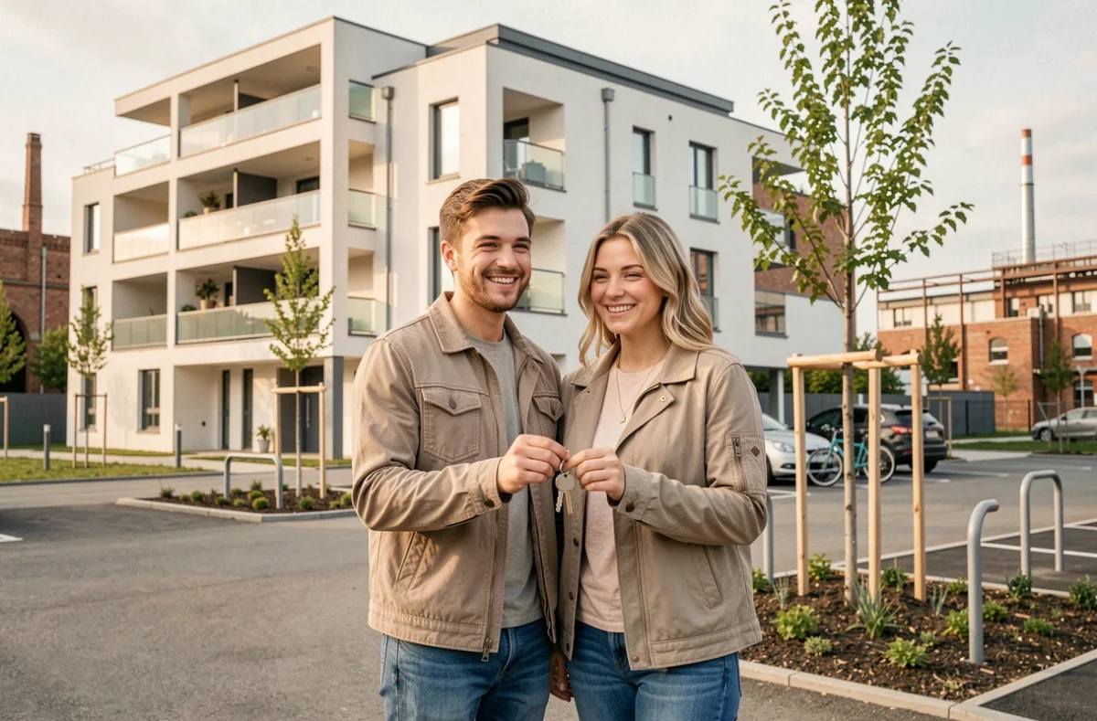 Couple de nouveaux propriétaires devant un immeuble résidentiel Kaufman and Broad à Mulhouse, tenant les clés de leur appartement neuf