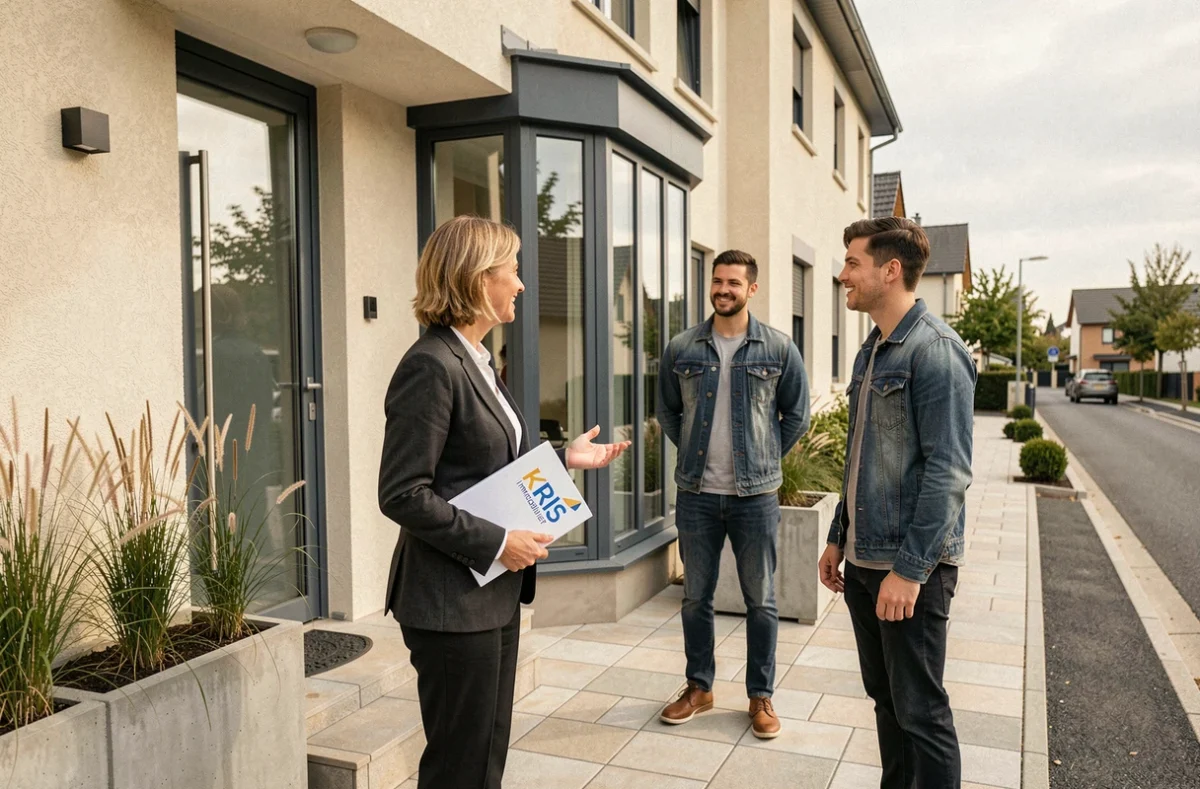 Agent Kris Immobilier accueillant un couple pour une visite d'une maison contemporaine en Seine-et-Marne