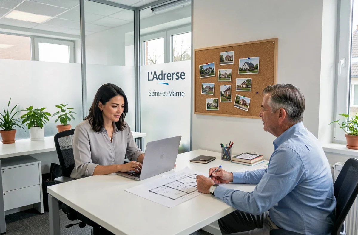 Bureau de l'agence L'Adresse en Seine-et-Marne avec une agente et un client consultant des plans de propriété