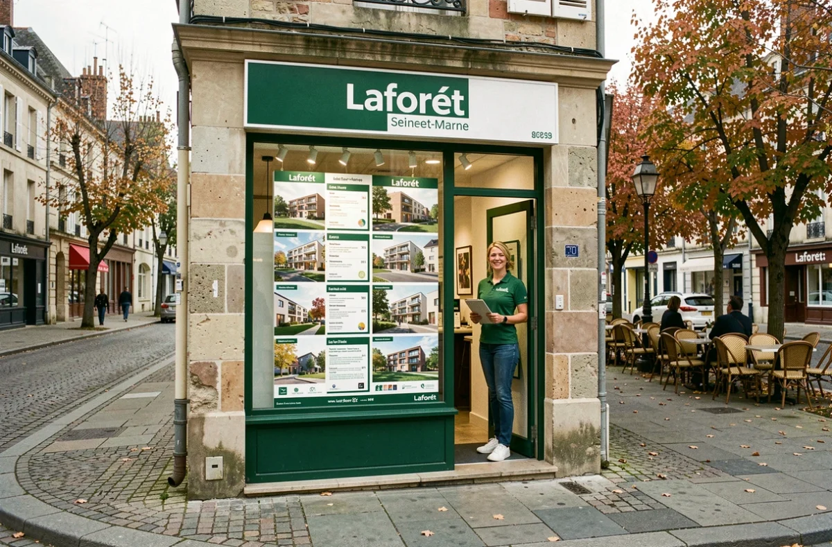 Façade d'une agence Laforêt en Seine-et-Marne avec affichage de biens immobiliers et agente accueillante en vitrine