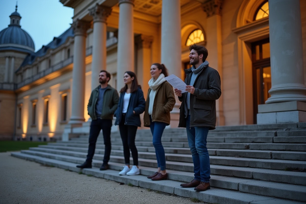 Groupe de jeunes adultes réunis devant l'entrée d'un lieu culturel versaillais au crépuscule, programme en main avant un spectacle