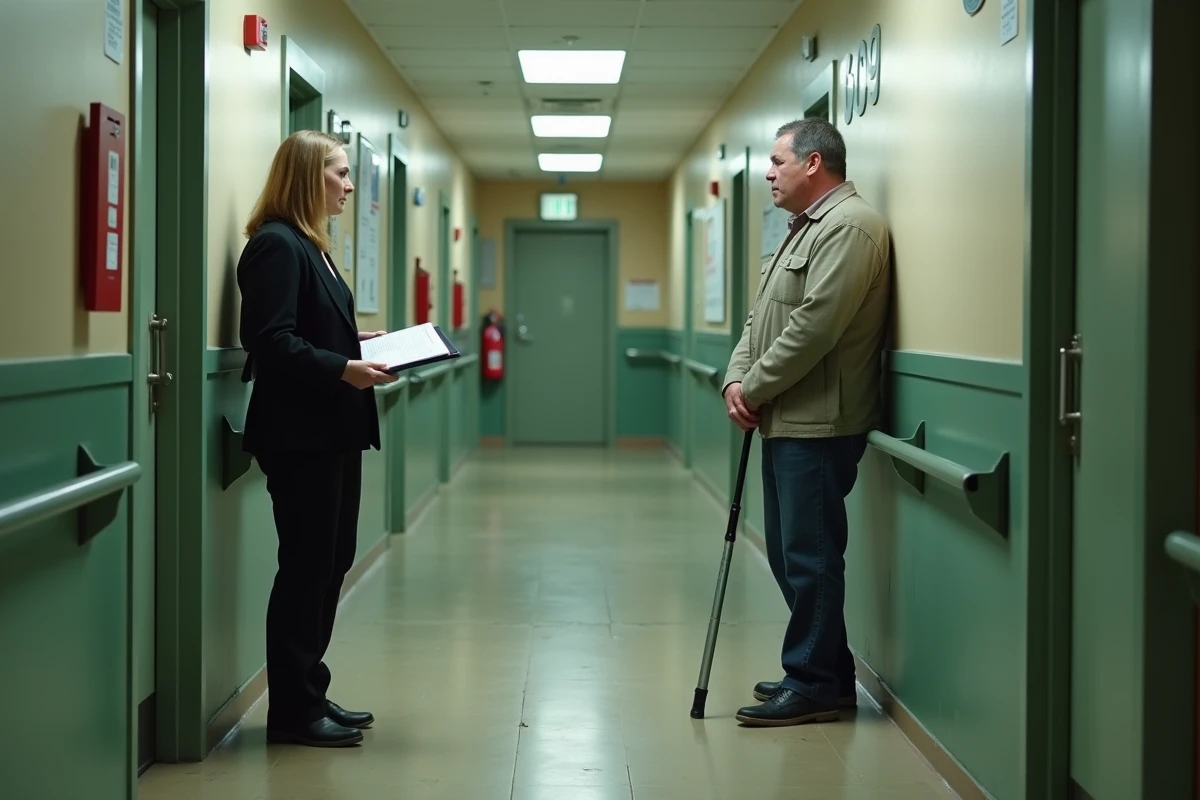 Locataire handicapé en discussion avec une représentante de bailleur social dans le couloir d'un immeuble HLM