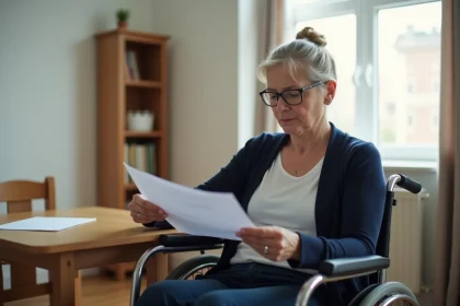 Locataire handicapée en fauteuil roulant consultant des documents administratifs dans un logement social modeste
