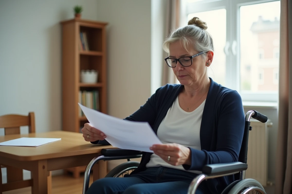 Locataire handicapée en fauteuil roulant consultant des documents administratifs dans un logement social modeste