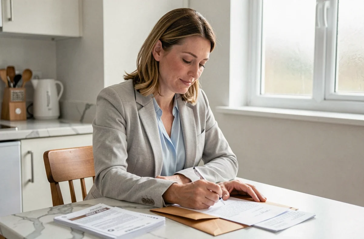 Locataire rédigeant une lettre de consignation de loyer à son domicile avec des documents officiels