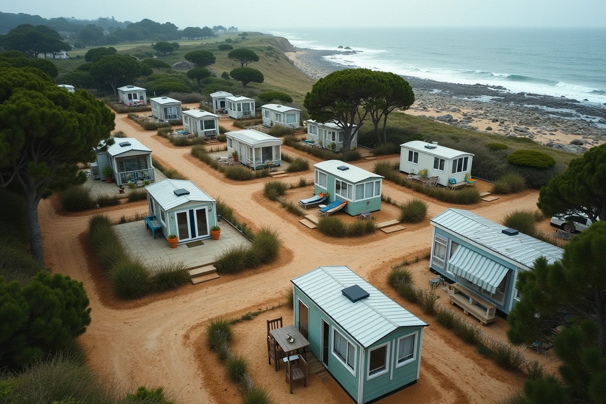 Vue d'ensemble d'un lotissement de parcelles avec mobil homes en bord de mer à vendre